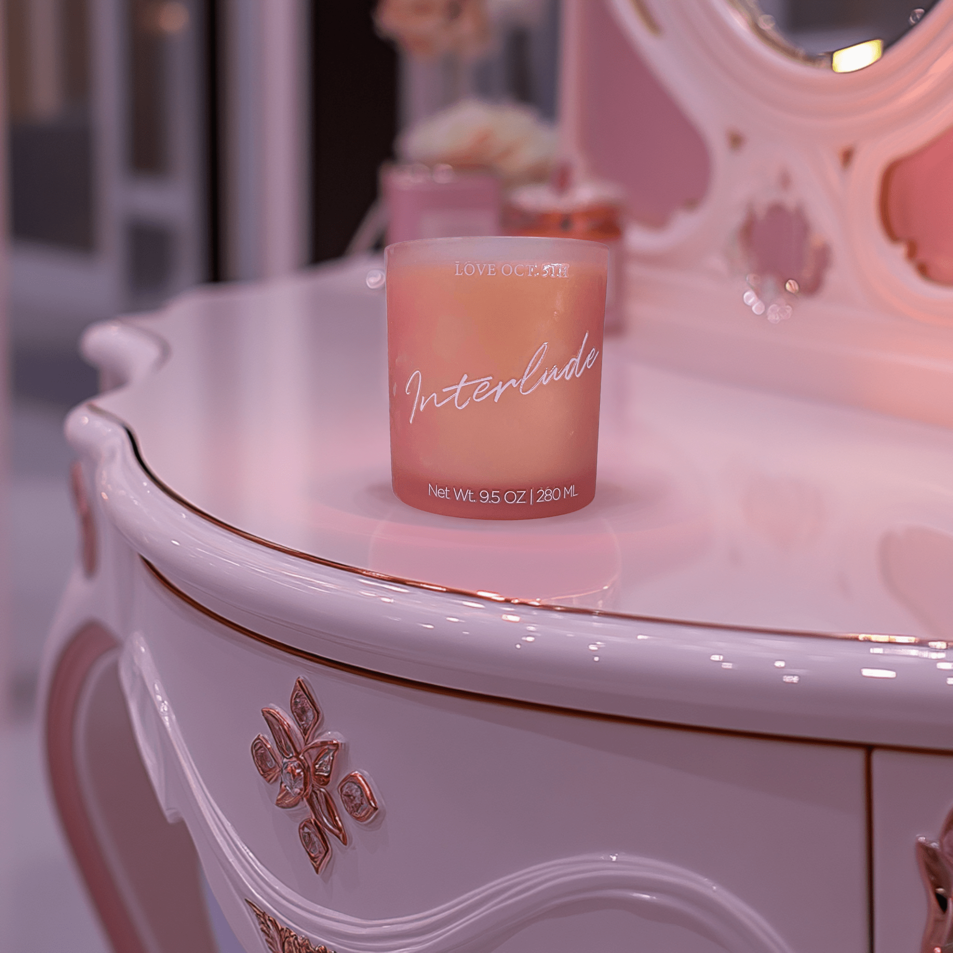 Interlude Scented Candle By Love Oct. 5th On Pink Vanity - Must Have Home Decor & Scent